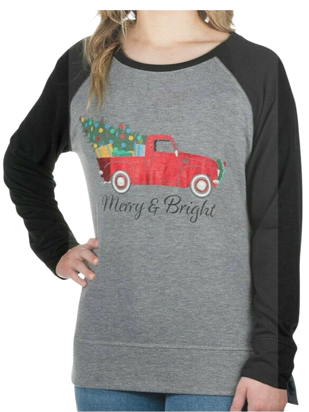 MODERN CANVAS Christmas Raglan Graphic Top Large EUC